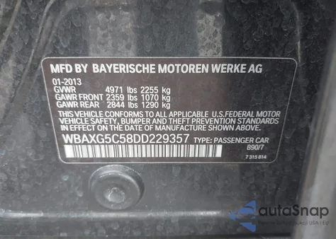 2013 BMW 528I z USA, uszkodzony, nr VIN WBAXG5C58DD229357